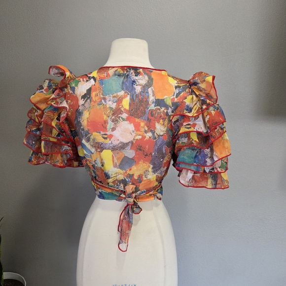 Vintage Saks Fifth Avenue Colorful Ruffle Sleeve Blouse - Picture 3 of 9